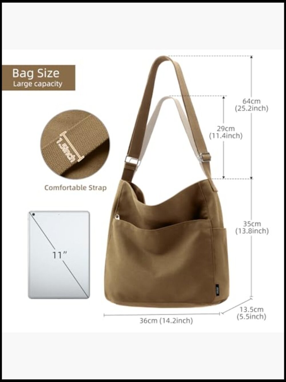 Large Canvas Tote Bag Hobo Crossbody Messenger for Work or College - Picture 4 of 7